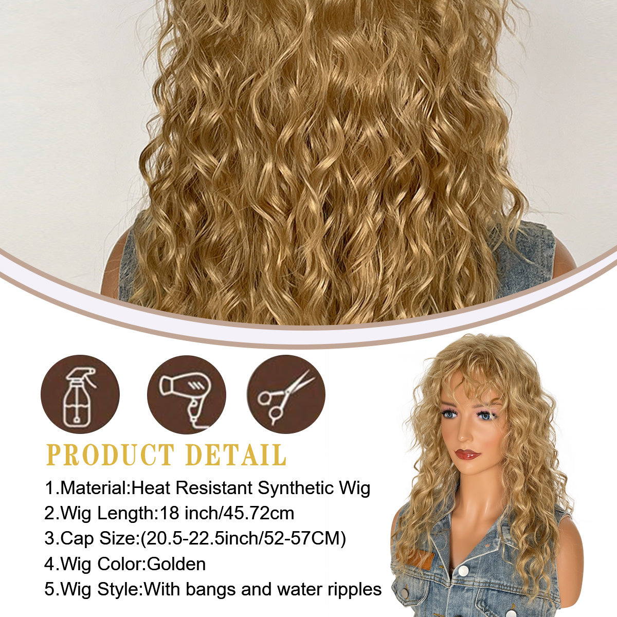 Long Fluffy Blonde Curly Wigs with Bangs 18 Inch Synthetic Heat Resistant Wigs for Women Halloween or Daily Used