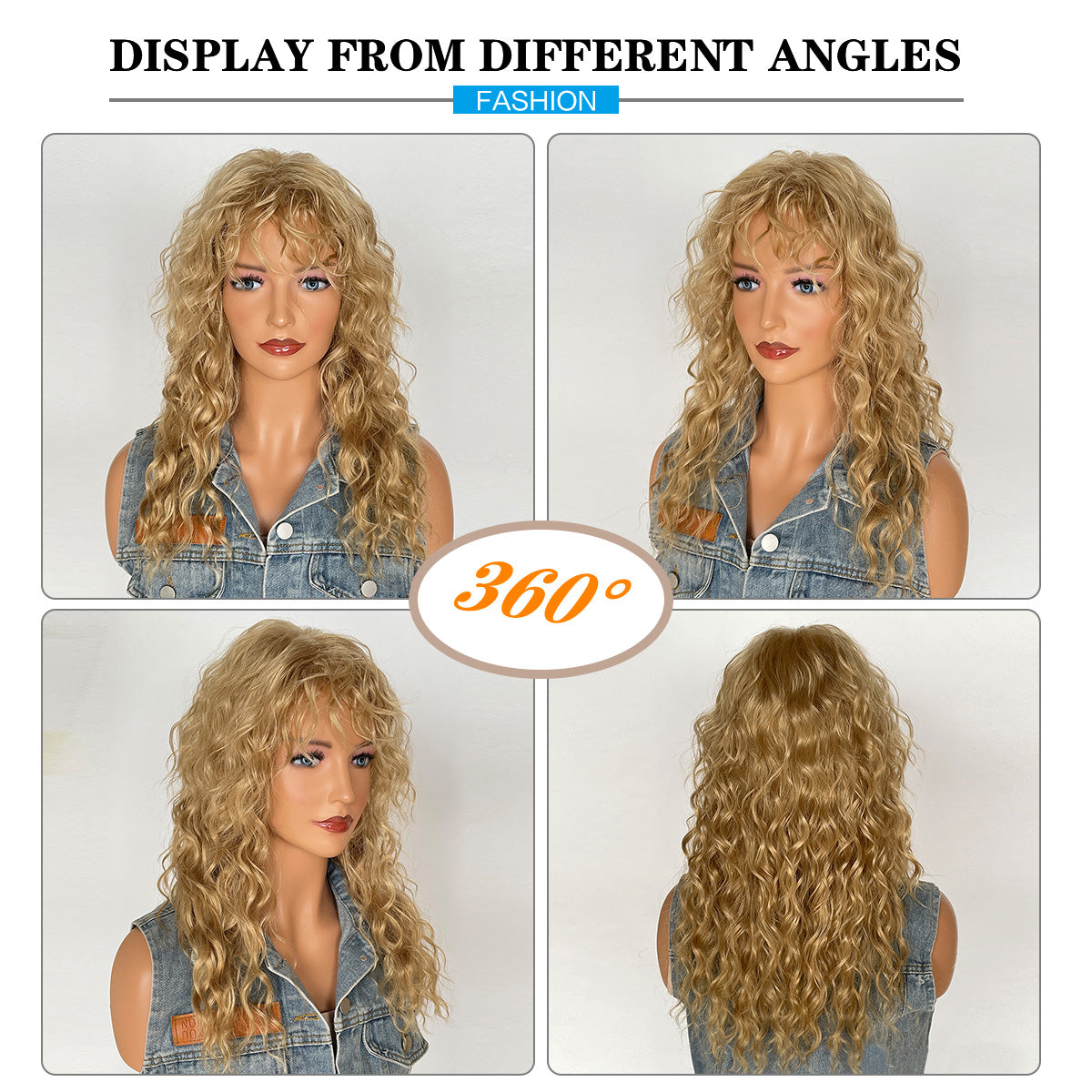Long Fluffy Blonde Curly Wigs with Bangs 18 Inch Synthetic Heat Resistant Wigs for Women Halloween or Daily Used