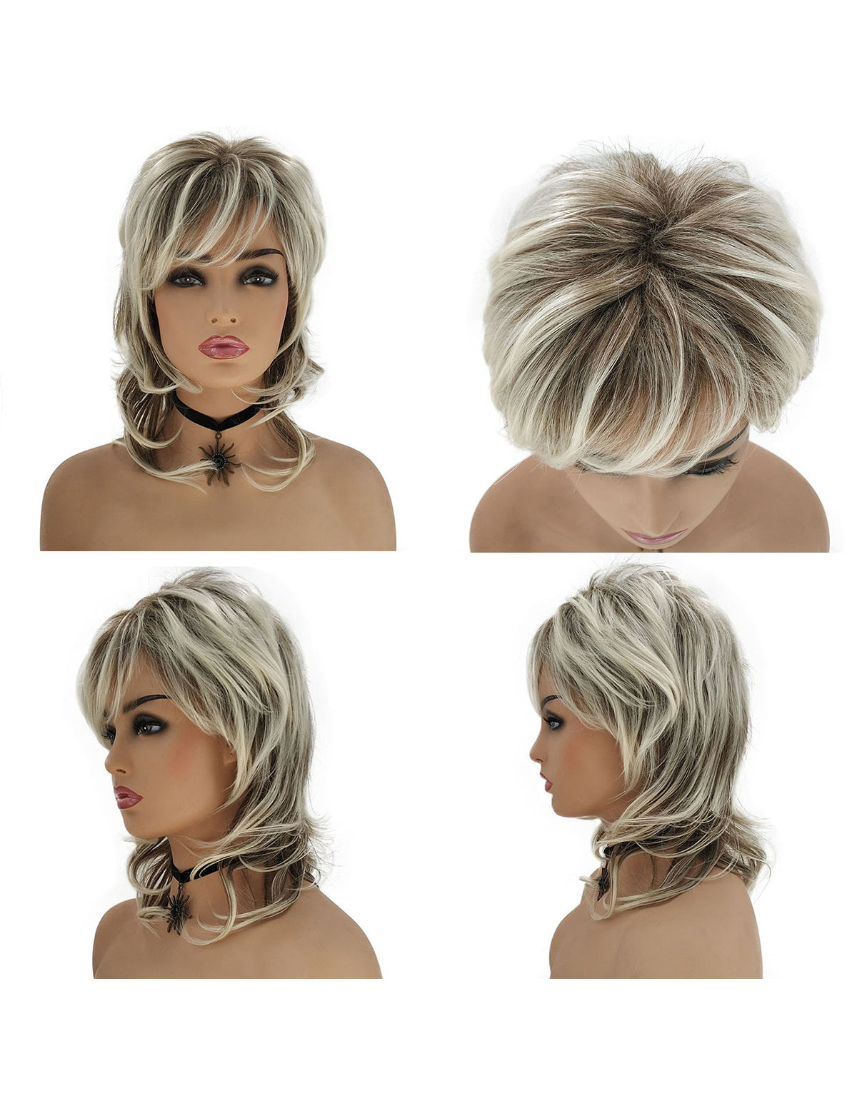 Elegant 16-Inch Mixed Color Wig for Women - Fluffy, Heat Resistant Synthetic Hair with Rose Net Cap Blonde Mix Brown Wigs for Women