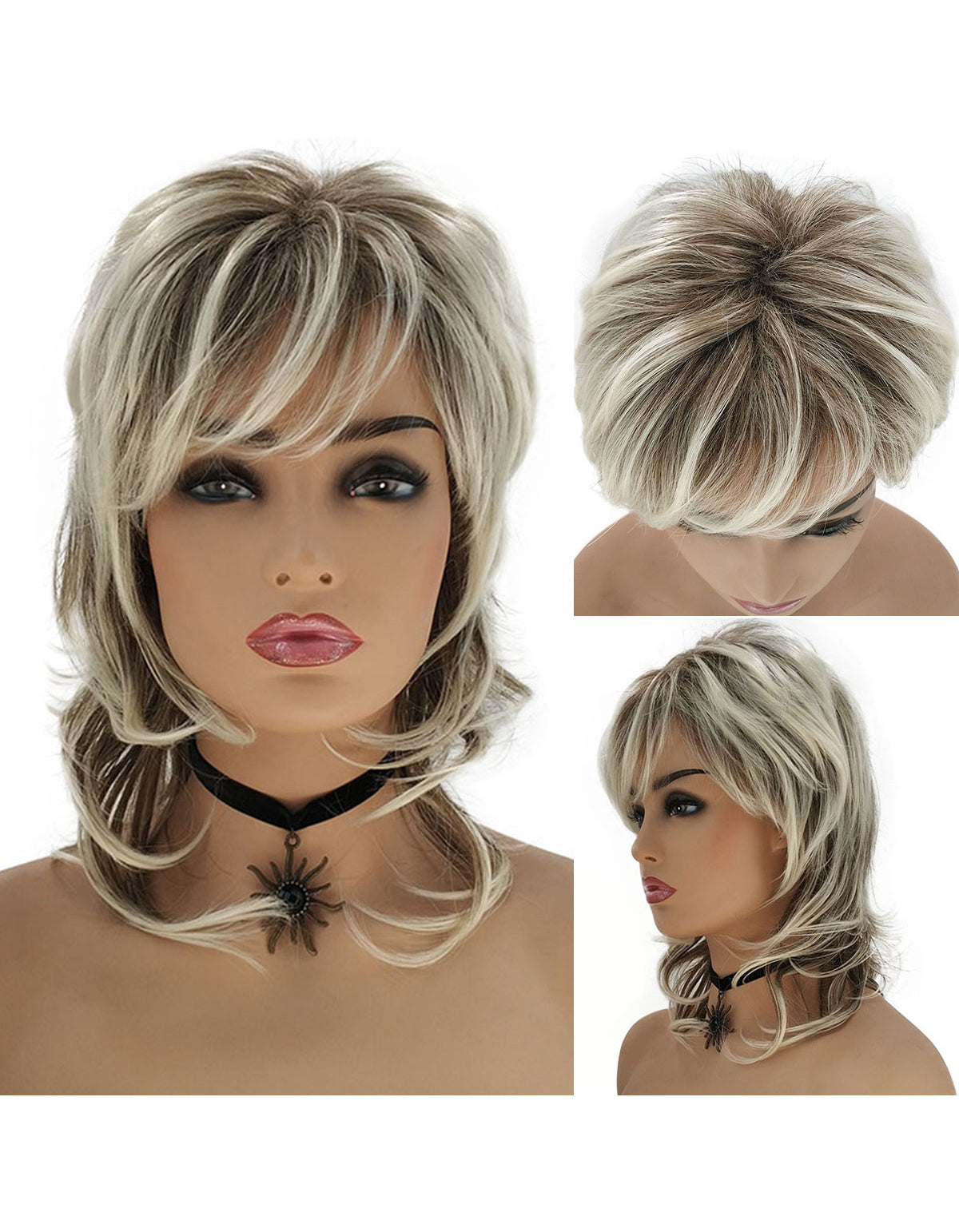 Elegant 16-Inch Mixed Color Wig for Women - Fluffy, Heat Resistant Synthetic Hair with Rose Net Cap Blonde Mix Brown Wigs for Women