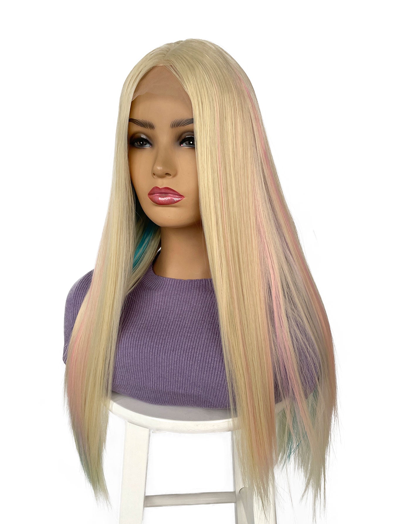 Rainbow Long Straight Wigs, Ladies Fashion Cosplay Costume Hair Anime Full Wavy Party Wig, Easy to Use Fine Workmanship