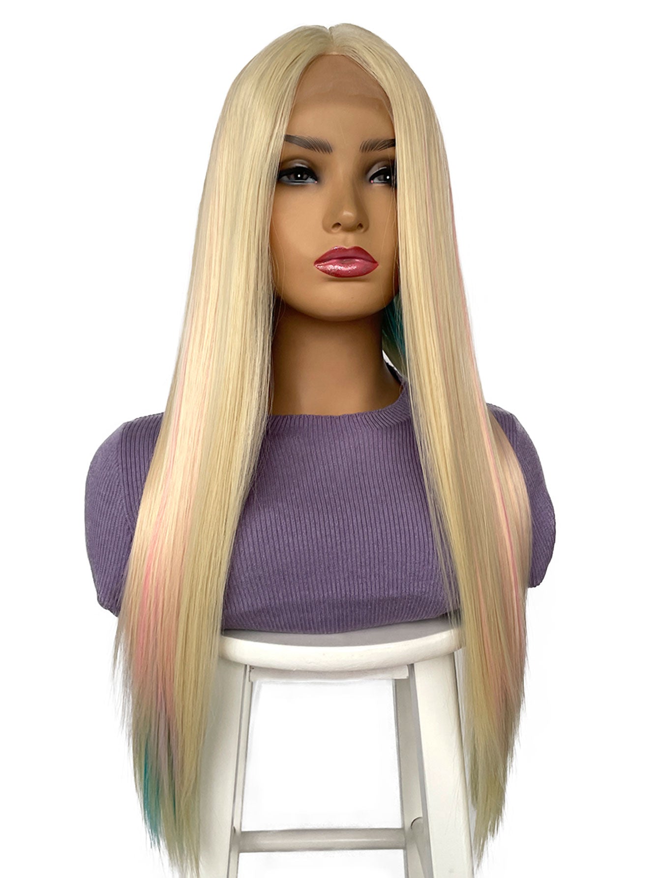 Rainbow Long Straight Wigs, Ladies Fashion Cosplay Costume Hair Anime Full Wavy Party Wig, Easy to Use Fine Workmanship