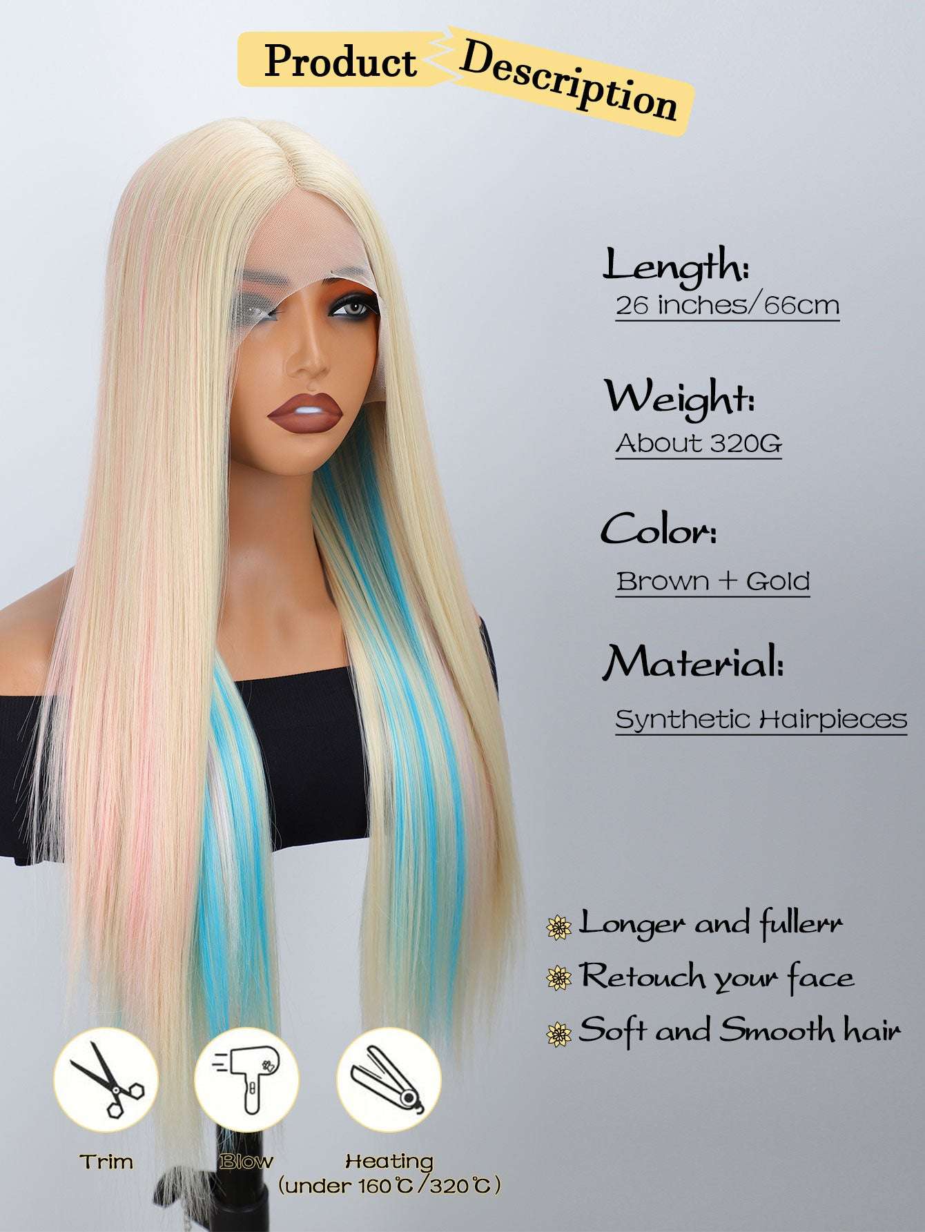 Rainbow Long Straight Wigs, Ladies Fashion Cosplay Costume Hair Anime Full Wavy Party Wig, Easy to Use Fine Workmanship