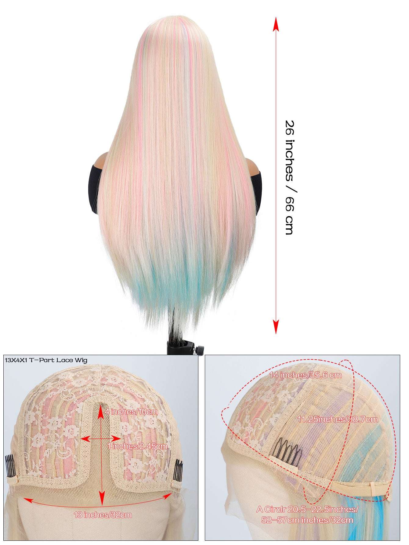 Rainbow Long Straight Wigs, Ladies Fashion Cosplay Costume Hair Anime Full Wavy Party Wig, Easy to Use Fine Workmanship
