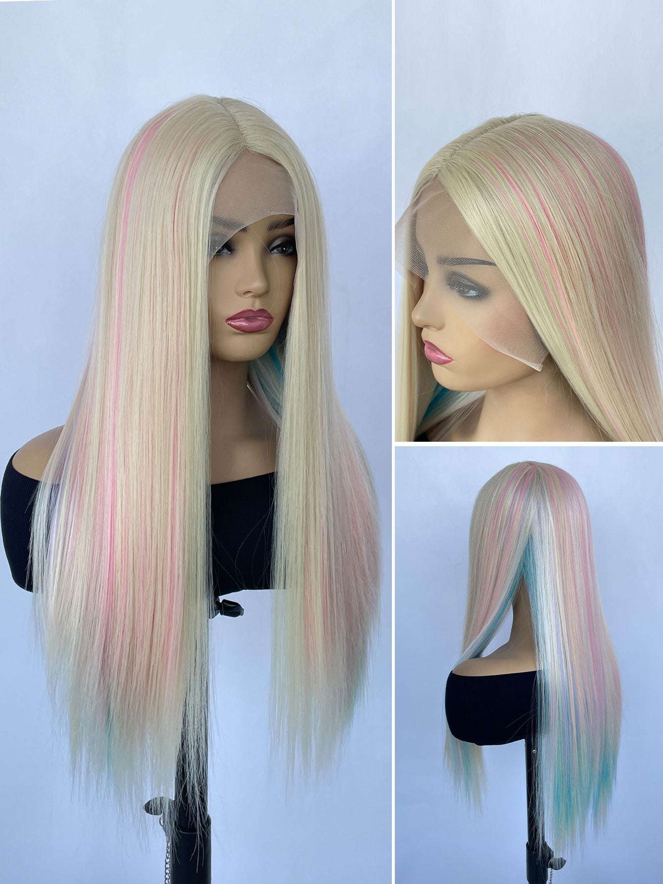Rainbow Long Straight Wigs, Ladies Fashion Cosplay Costume Hair Anime Full Wavy Party Wig, Easy to Use Fine Workmanship
