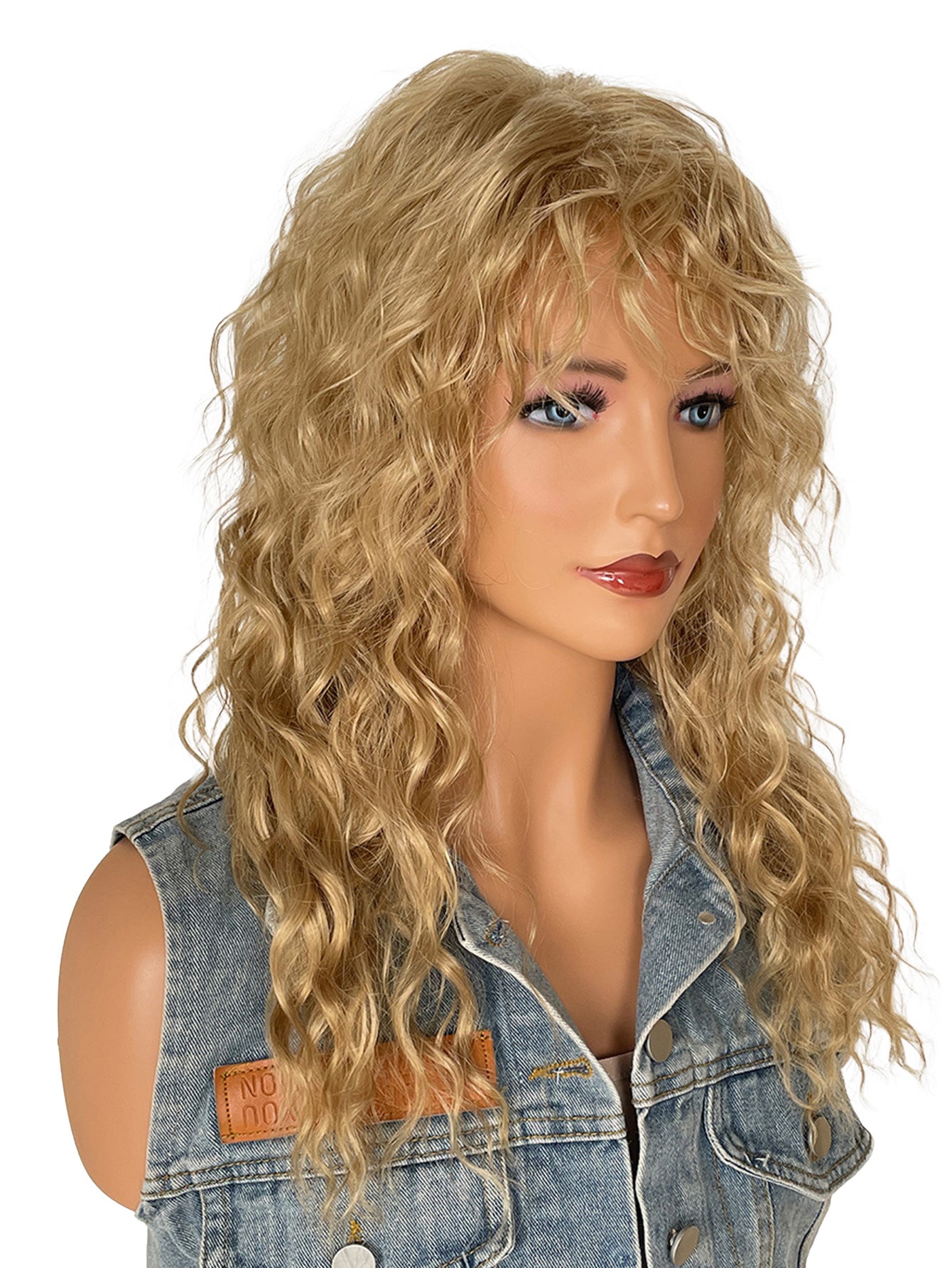 Long Fluffy Blonde Curly Wigs with Bangs 18 Inch Synthetic Heat Resistant Wigs for Women Halloween or Daily Used