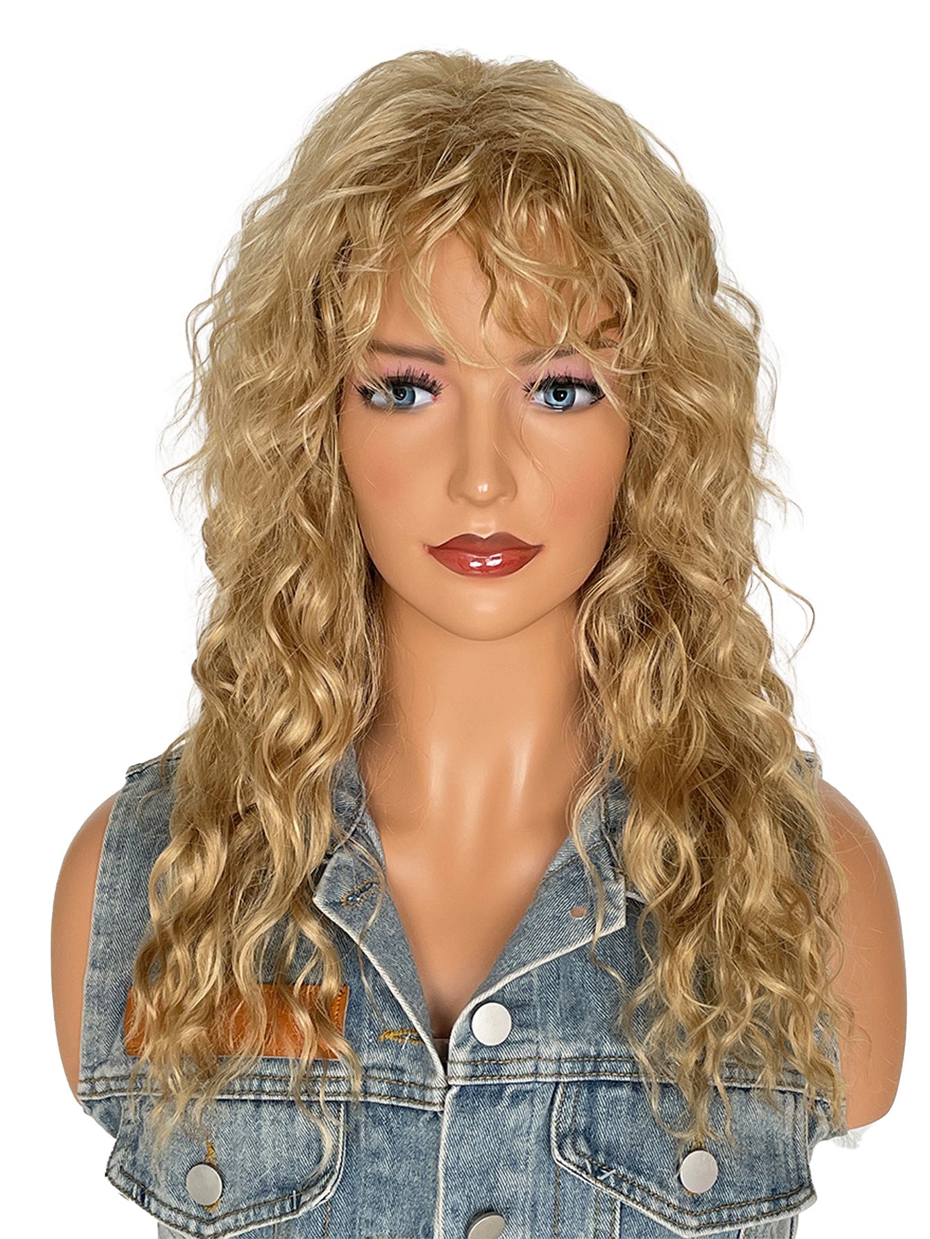 Long Fluffy Blonde Curly Wigs with Bangs 18 Inch Synthetic Heat Resistant Wigs for Women Halloween or Daily Used