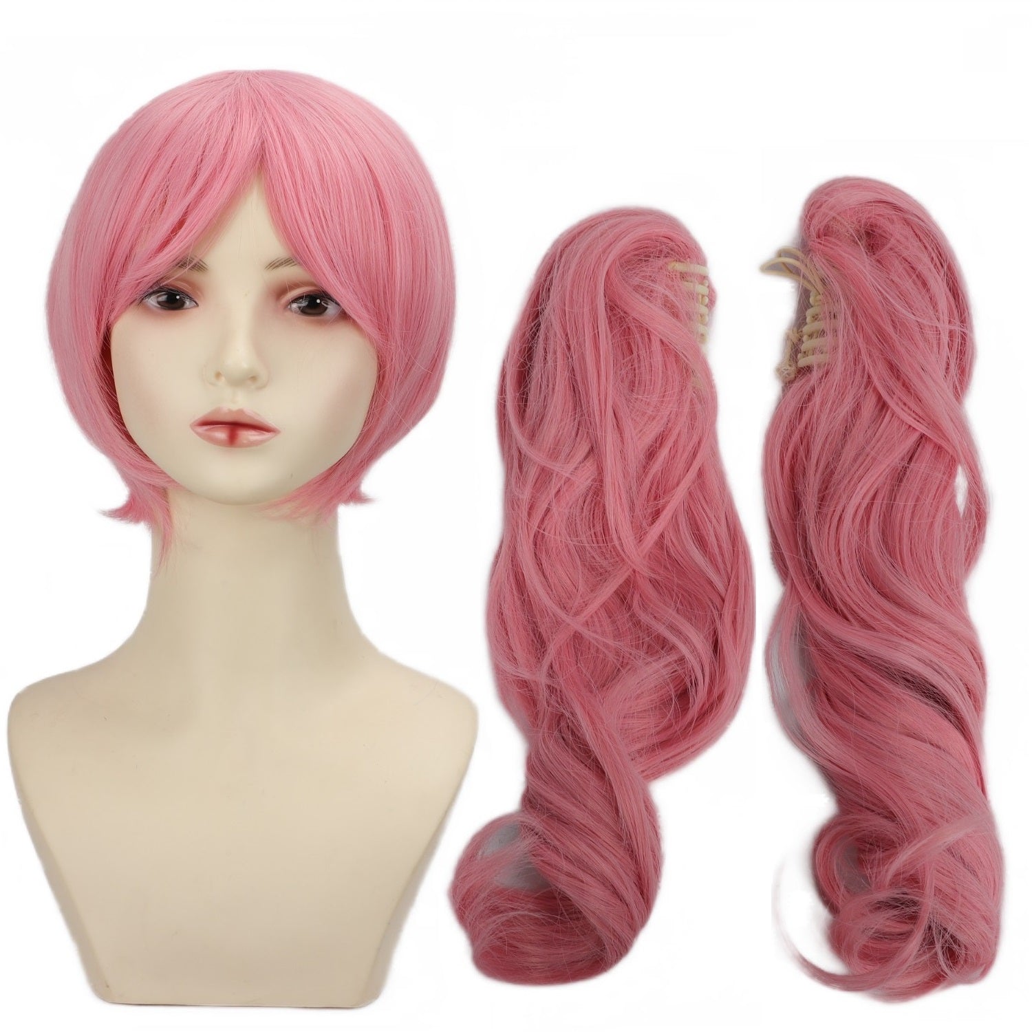 Chic Anime-Inspired Cosplay Wig for Women - Heat Resistant, Curly Ponytail with Bangs in Pink, Black, Blue, Blonde, Brown, Red | Perfect for Halloween & Costume Parties, Colorful, Double Clip, Daily Wear