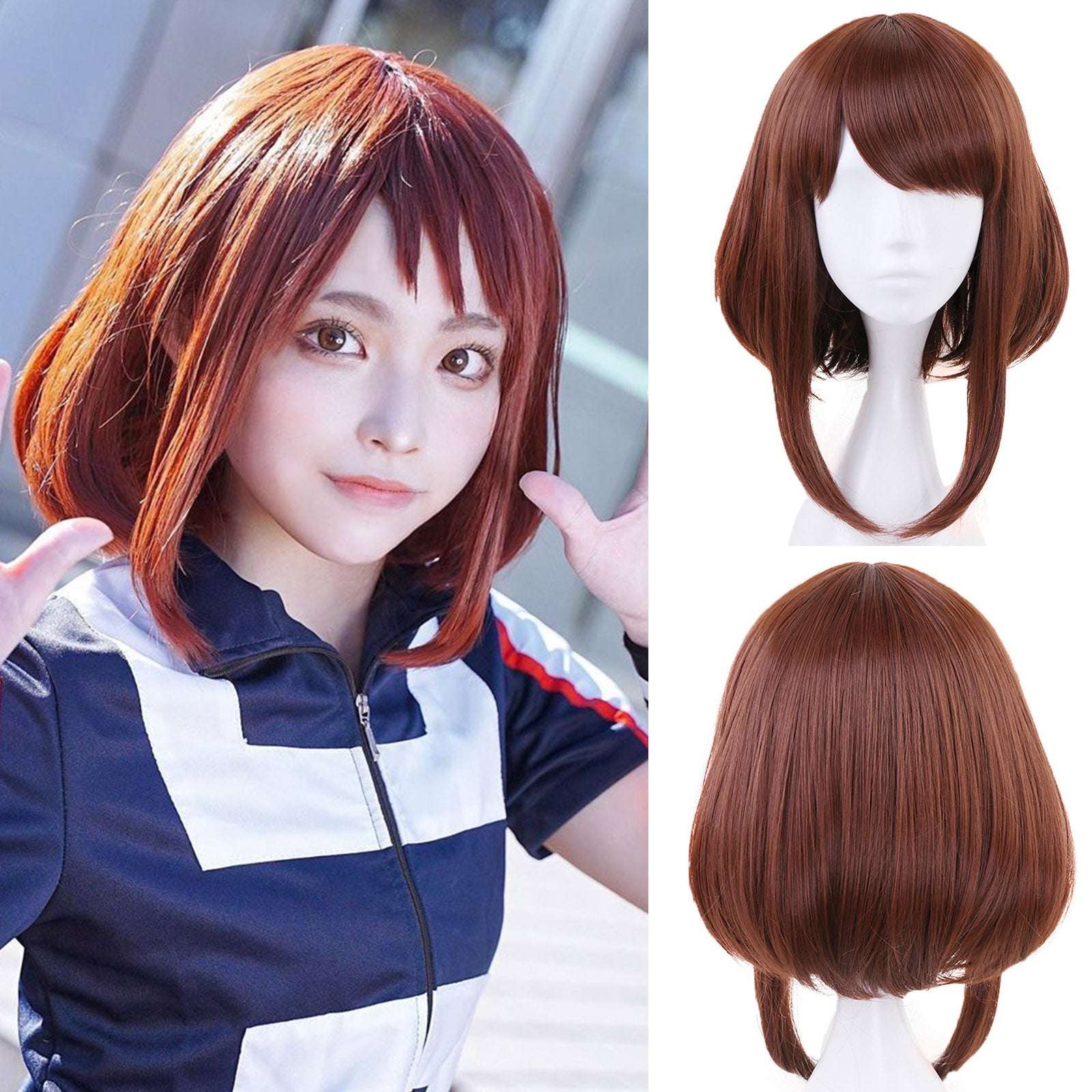 Ochaco Uraraka Wig Short Brown Bob Wigs with Bang Cosplay Anime Makeup for My Hero Academia