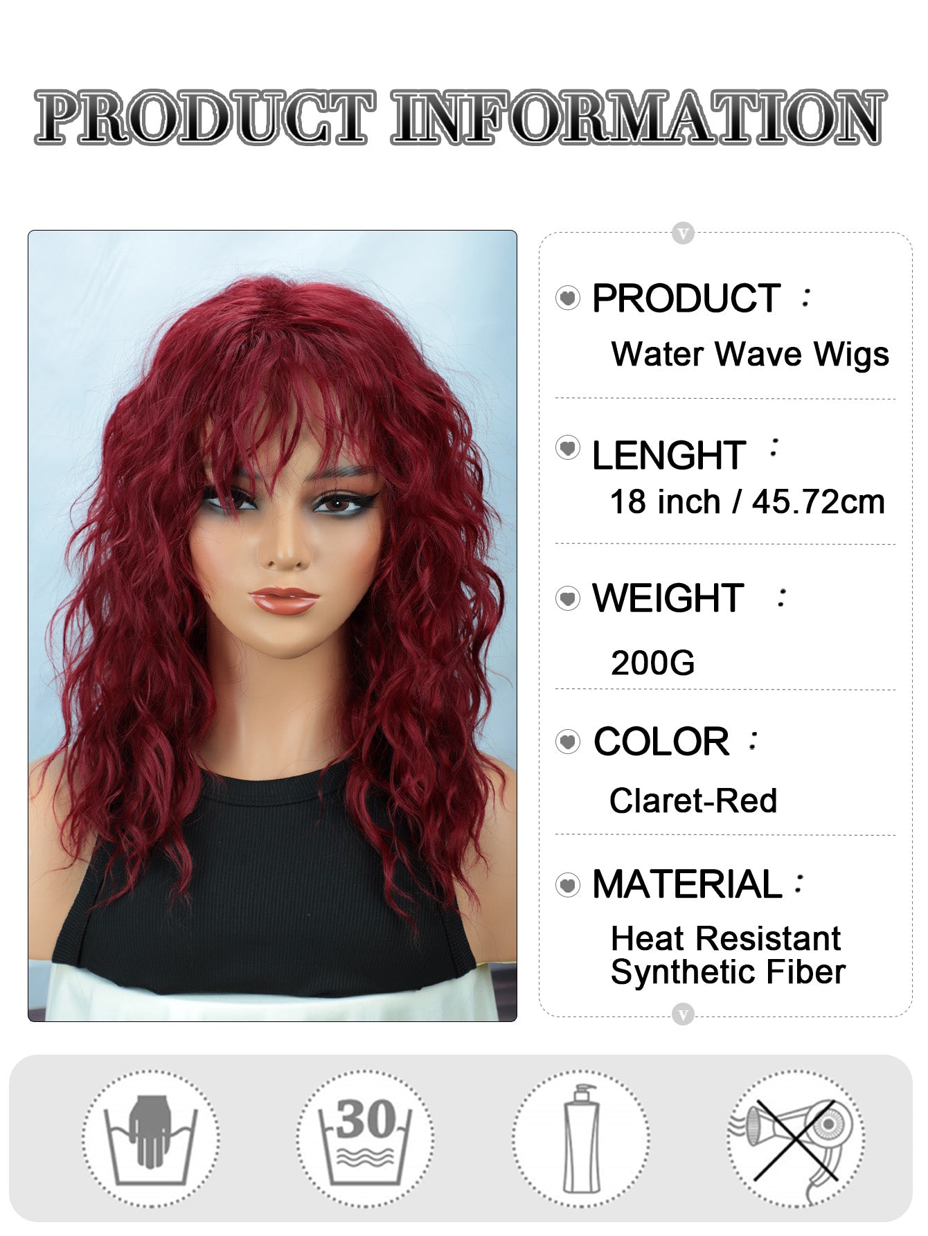 Charming 18 inch long wavy curly wig with bangs for women - great for Christmas, cosplay, Halloween and everyday fashion
