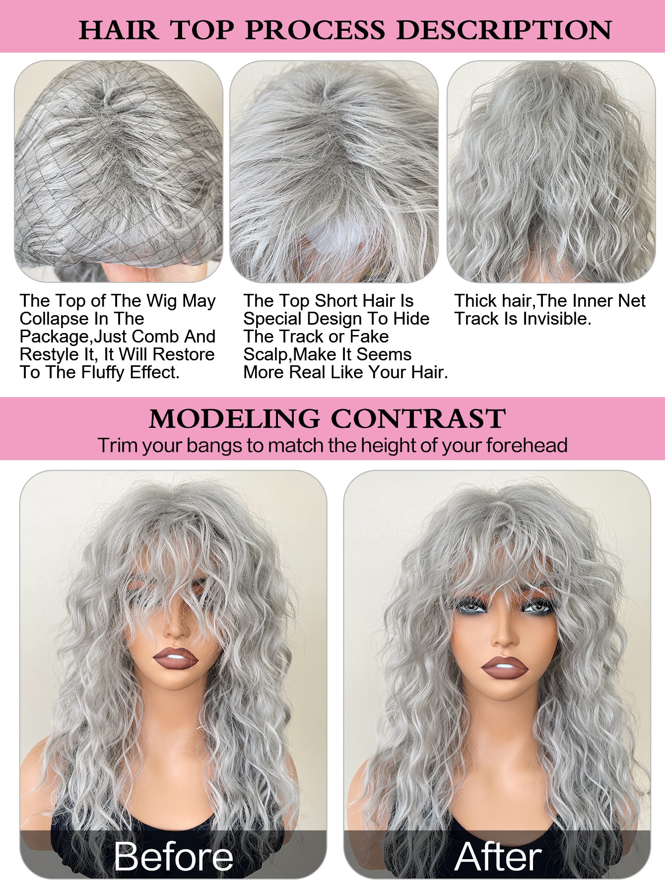 8 Inch Water Wave Wig with Bangs Ladies Gray Wet Hair Waves Synthetic Long Natural Wave Wig Role Play Wig Color Costume Wig