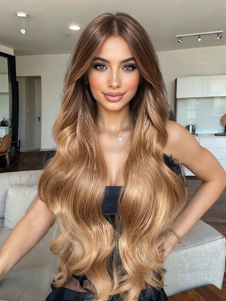 Honey Caramel Blonde Synthetic Lace Wig: Heat Resistant Wavy Hair, 24 Inch