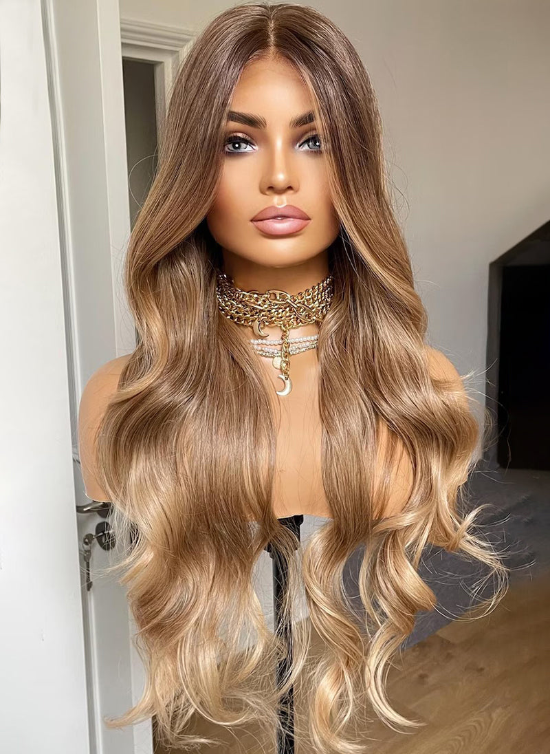 Honey Caramel Blonde Synthetic Lace Wig: Heat Resistant Wavy Hair, 24 Inch
