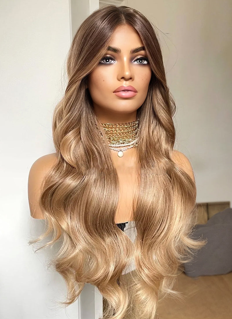 Honey Caramel Blonde Synthetic Lace Wig: Heat Resistant Wavy Hair, 24 Inch