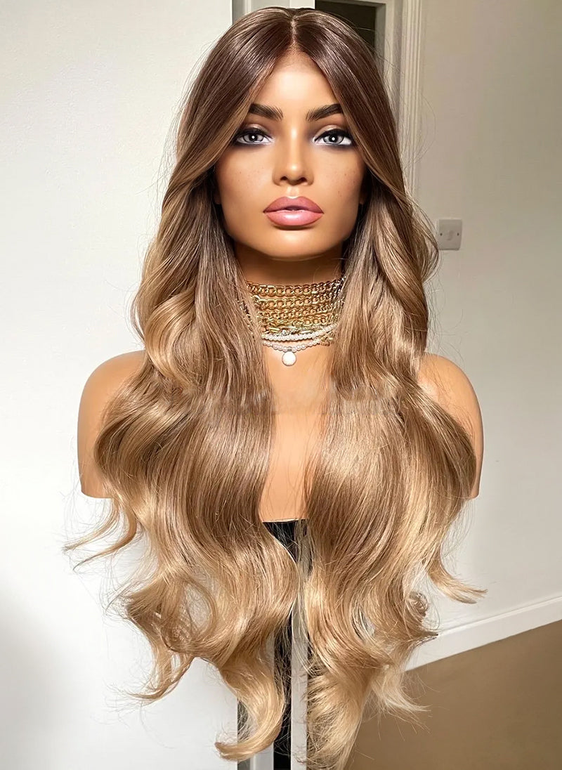 Honey Caramel Blonde Synthetic Lace Wig: Heat Resistant Wavy Hair, 24 Inch