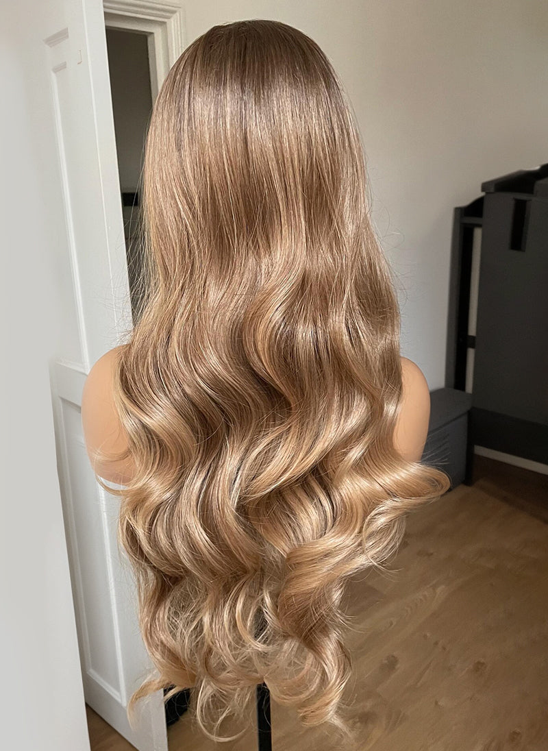 Honey Caramel Blonde Synthetic Lace Wig: Heat Resistant Wavy Hair, 24 Inch