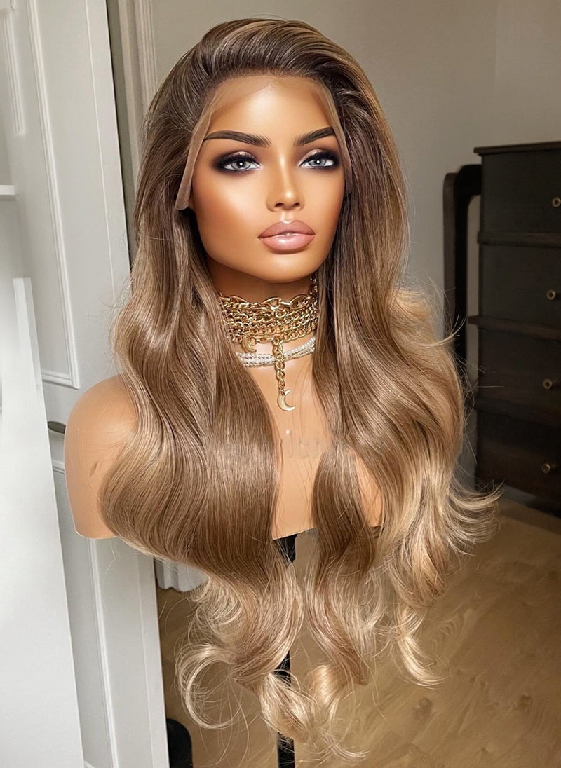Honey Caramel Blonde Synthetic Lace Wig: Heat Resistant Wavy Hair, 24 Inch