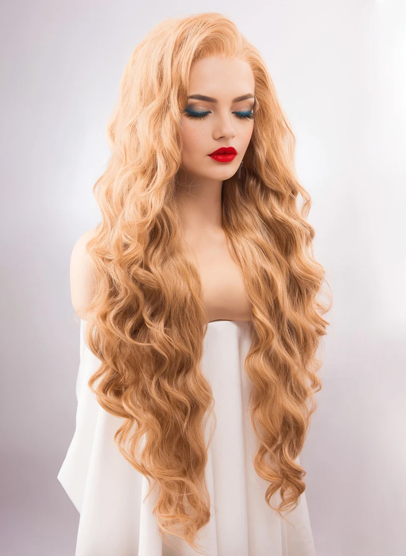Strawberry Blonde 13" X 6" Large Lace Wavy Cosplay Wig Drag Queen Wig IDINA