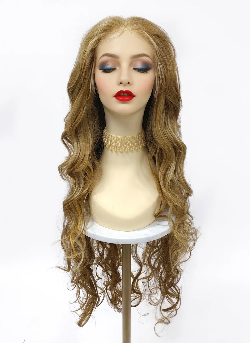 Ear-to-Ear HD Deep Lace Front Long Butterscotch Light Blonde and Brown Wavy Free Part Heat Resistant 35 Inch Wig [Belle-2216]