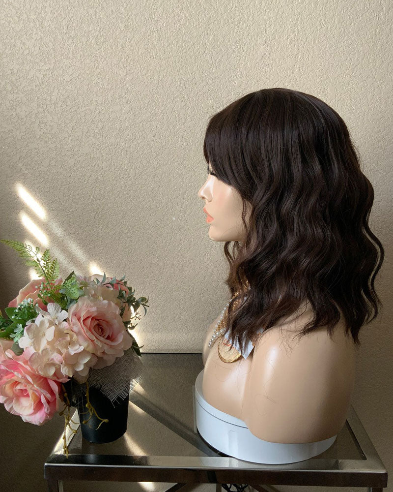 14 Inches Dark Brown Wavy Bob Wig with Bangs Heat Resistant Comfort Cap
