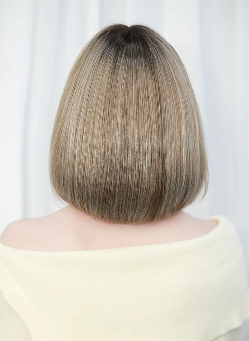 Balayage Blonde With Dark Roots Straight Bob Mono Top Lace Wig