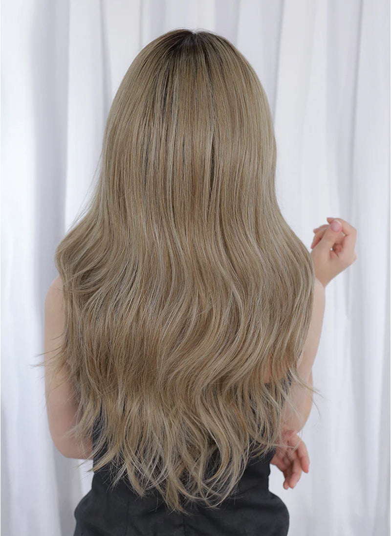 Ash Blonde With Dark Roots Wavy Mono Top Kanekalon Lace Wig