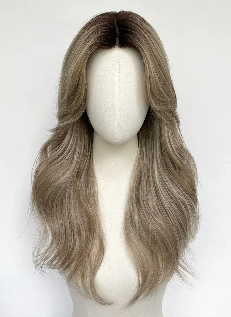 Ash Blonde With Dark Roots Wavy Mono Top Kanekalon Lace Wig