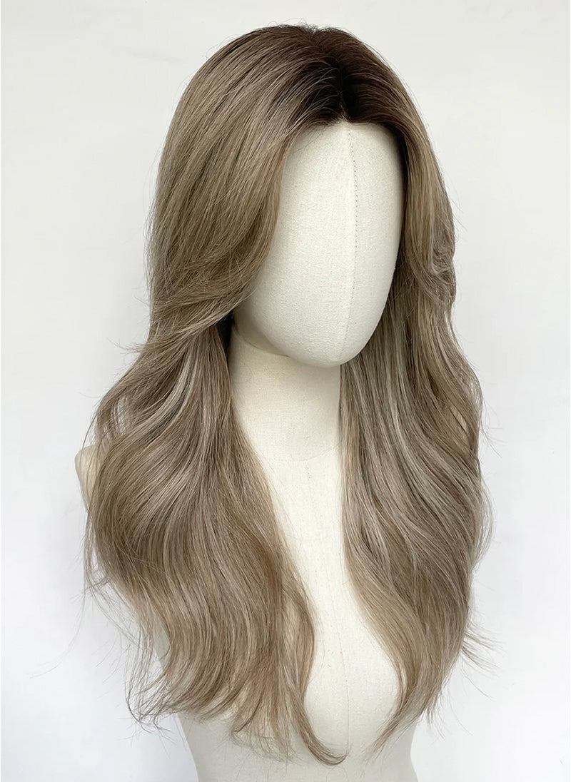 Ash Blonde With Dark Roots Wavy Mono Top Kanekalon Lace Wig
