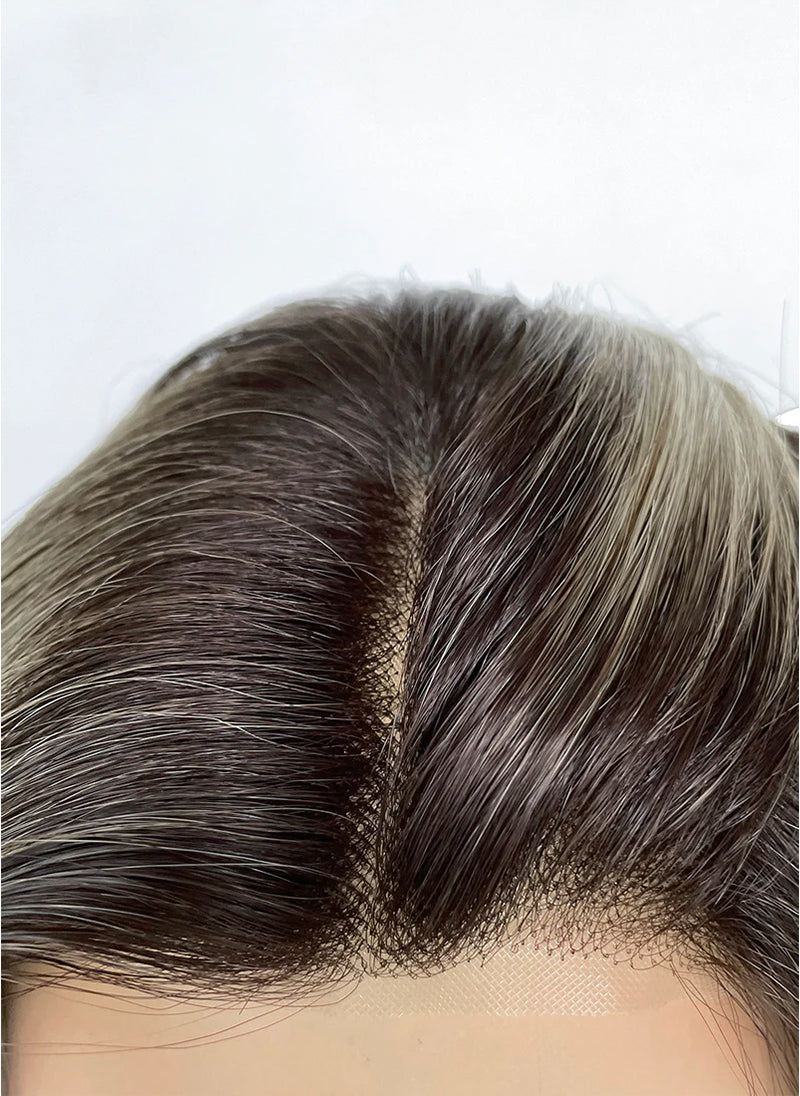 Ash Blonde With Dark Roots Wavy Mono Top Kanekalon Lace Wig