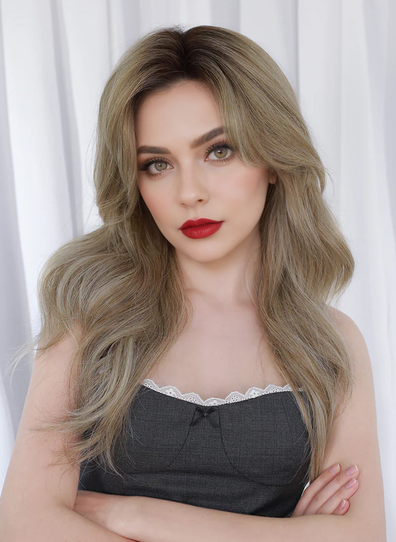Ash Blonde With Dark Roots Wavy Mono Top Kanekalon Lace Wig
