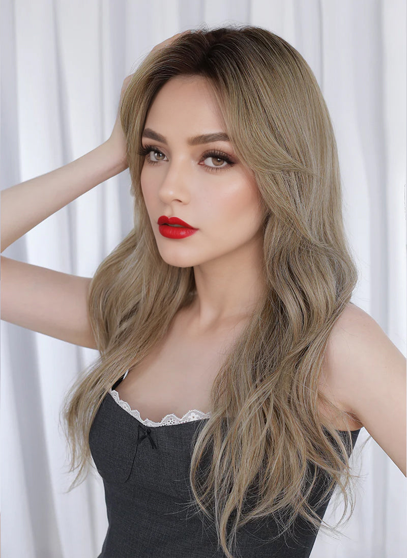 Ash Blonde With Dark Roots Wavy Mono Top Kanekalon Lace Wig