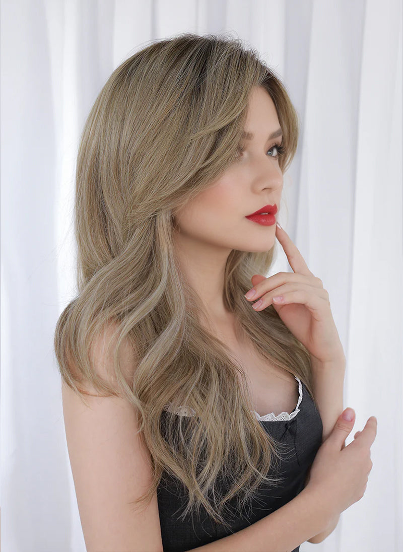 Ash Blonde With Dark Roots Wavy Mono Top Kanekalon Lace Wig