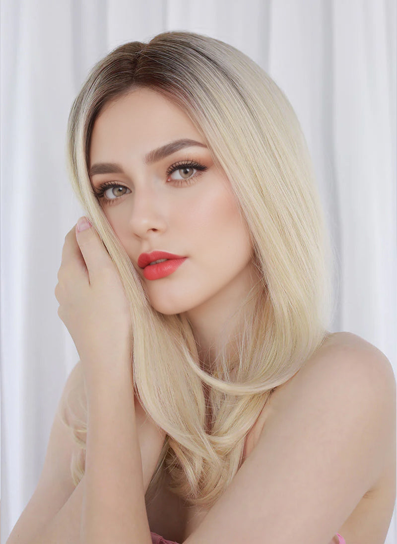 Blonde With Dark Roots Straight Bob Mono Top Lace Wig
