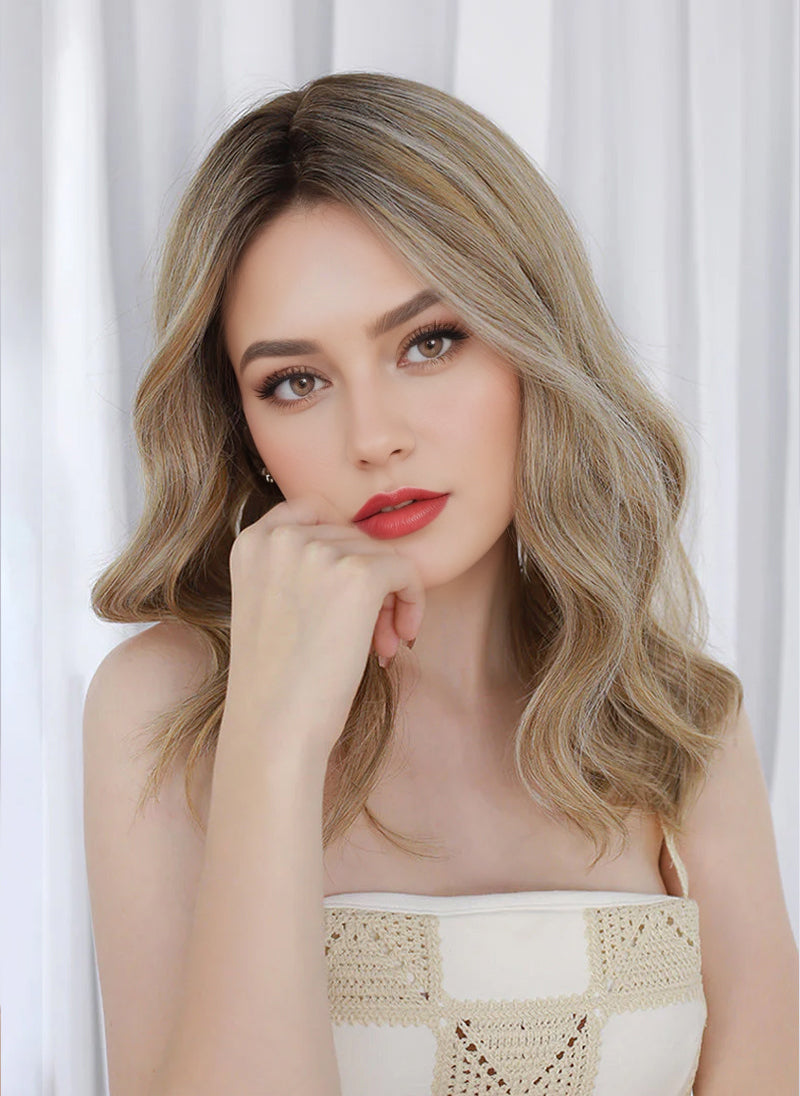 Mixed Blonde With Dark Roots Wavy Mono Top Lace Wig