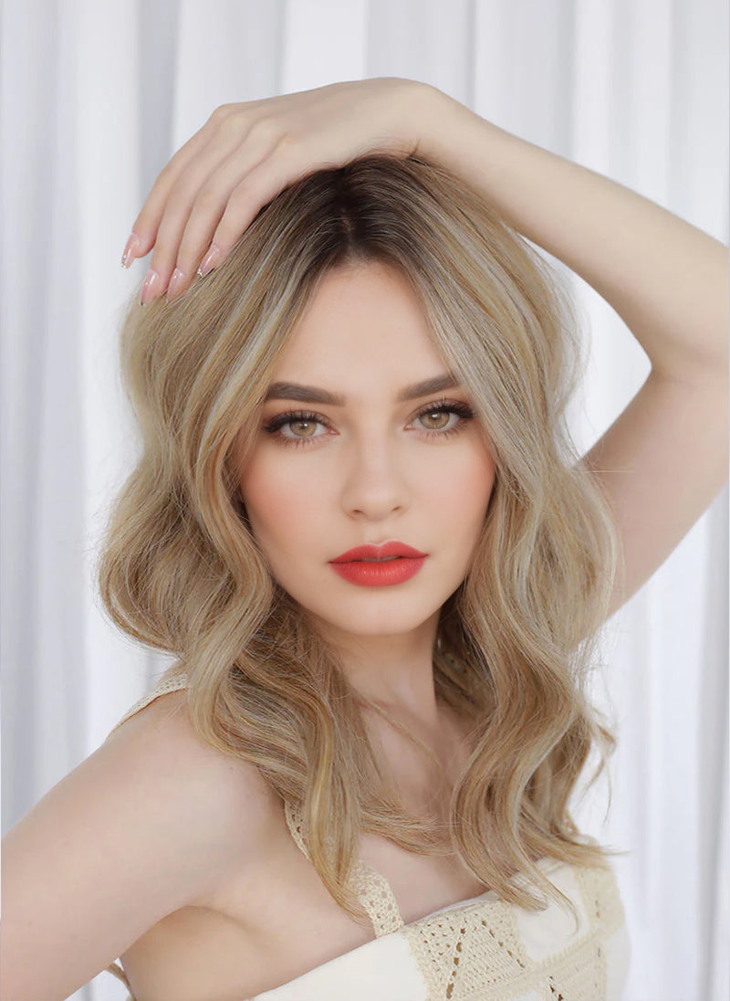 Mixed Blonde With Dark Roots Wavy Mono Top Lace Wig