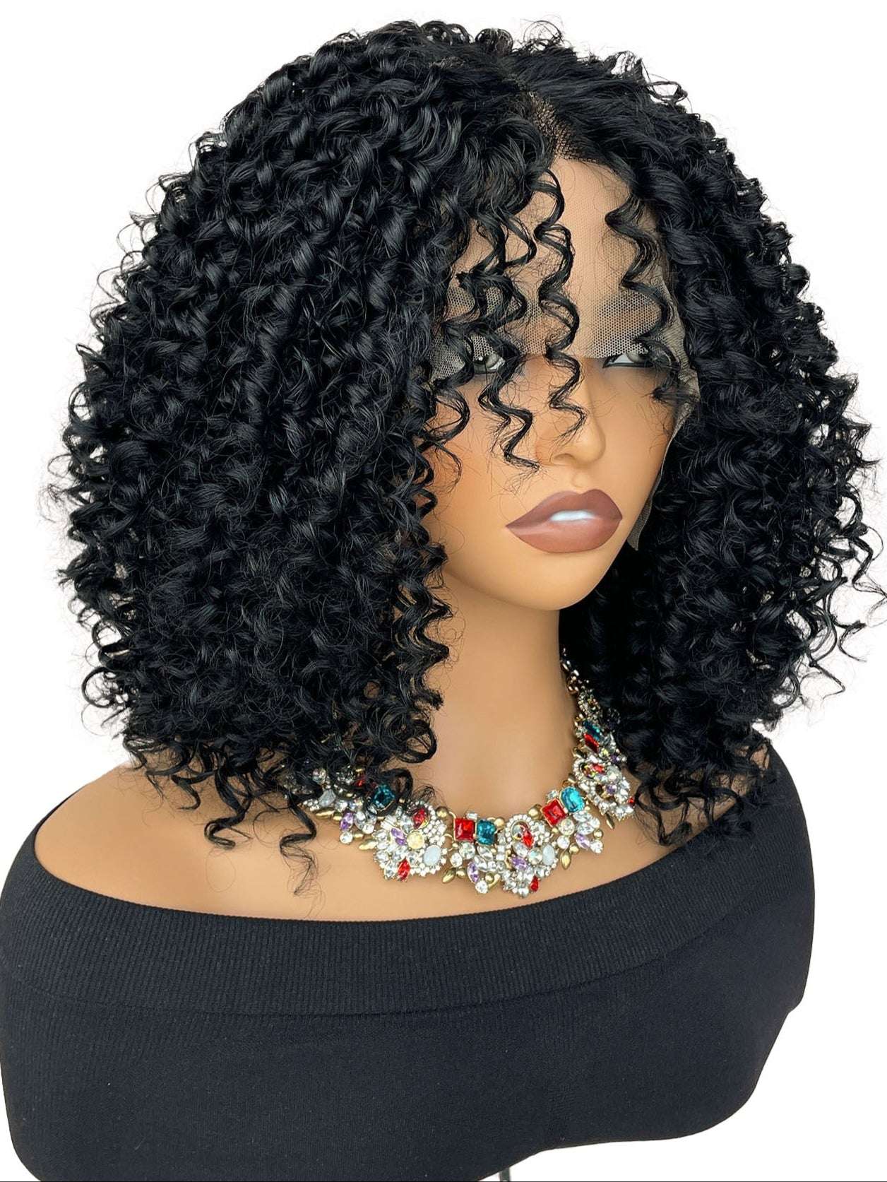 Curly Lace Front Wig Synthetic Hair 12 inch Black Fluffy Spring Curly hair