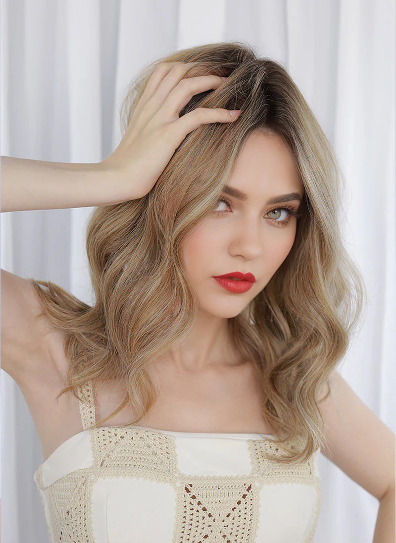 Mixed Blonde With Dark Roots Wavy Mono Top Lace Wig