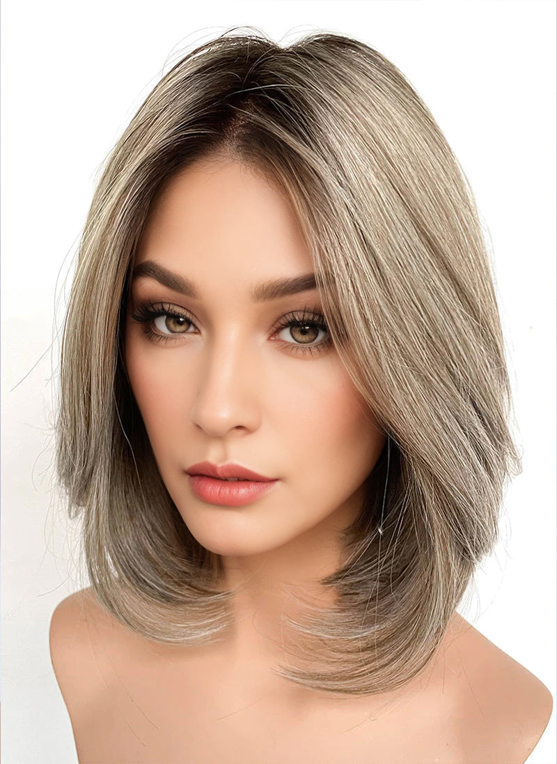 Balayage Blonde With Dark Roots Straight Bob Mono Top Lace Wig