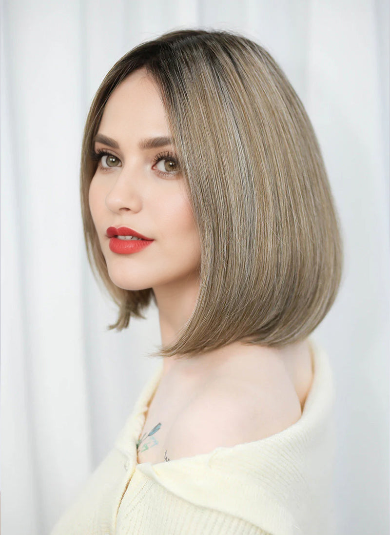 Balayage Blonde With Dark Roots Straight Bob Mono Top Lace Wig