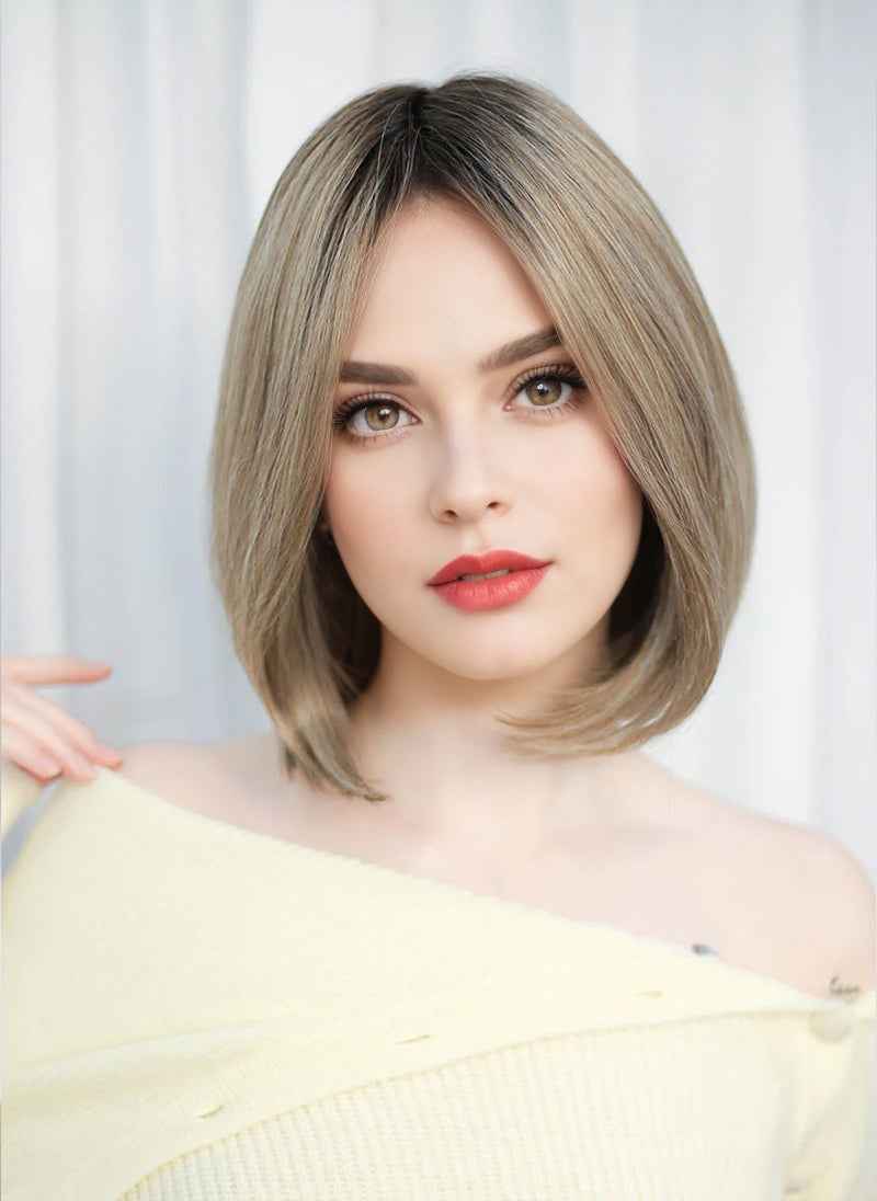 Balayage Blonde With Dark Roots Straight Bob Mono Top Lace Wig