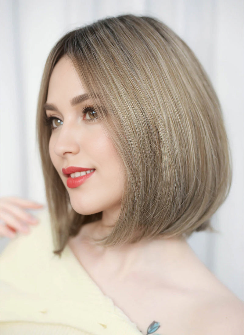 Balayage Blonde With Dark Roots Straight Bob Mono Top Lace Wig