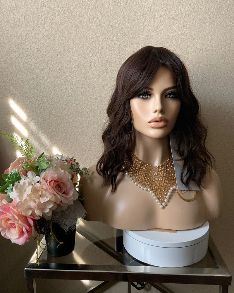 14 Inches Dark Brown Wavy Bob Wig with Bangs Heat Resistant Comfort Cap