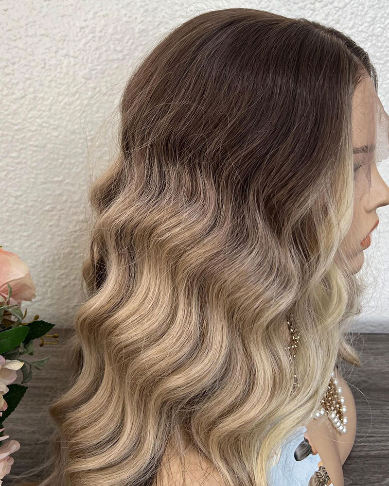 Balayage Lace Front Wig: Light Brown Highlighted Synthetic Hair