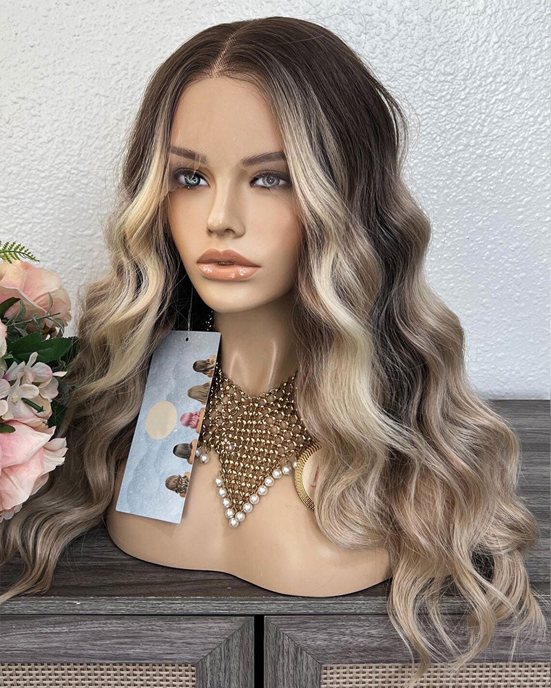 Balayage Lace Front Wig: Light Brown Highlighted Synthetic Hair