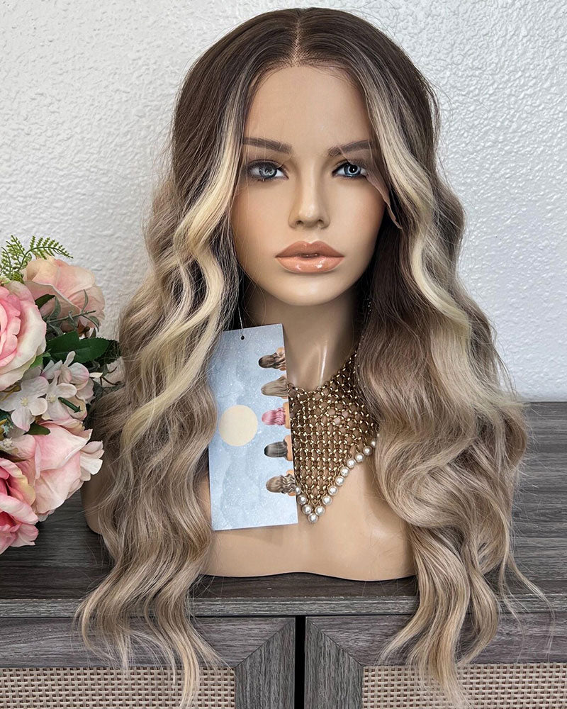 Balayage Lace Front Wig: Light Brown Highlighted Synthetic Hair