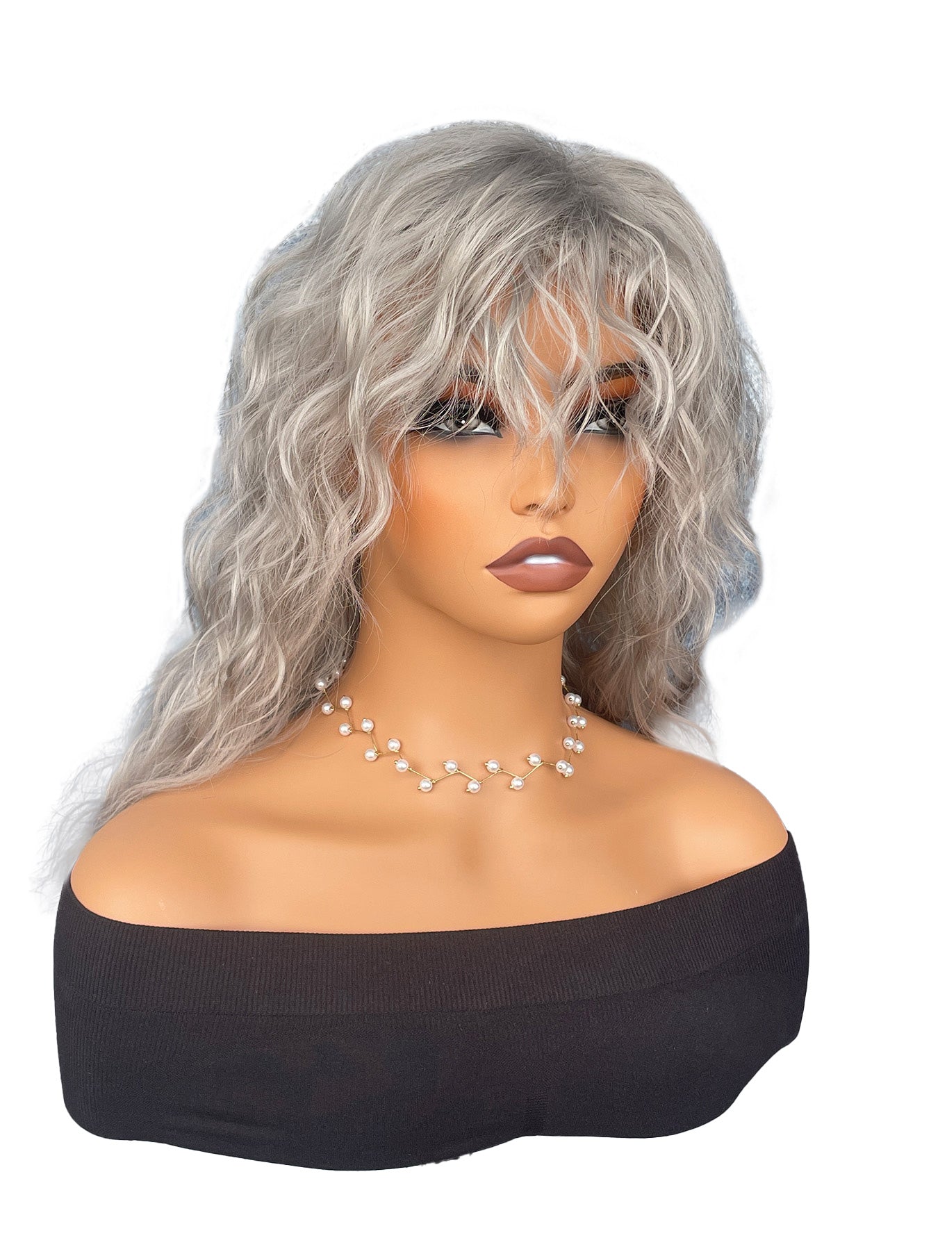 8 Inch Water Wave Wig with Bangs Ladies Gray Wet Hair Waves Synthetic Long Natural Wave Wig Role Play Wig Color Costume Wig