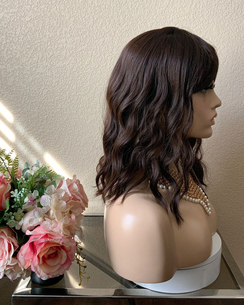 14 Inches Dark Brown Wavy Bob Wig with Bangs Heat Resistant Comfort Cap
