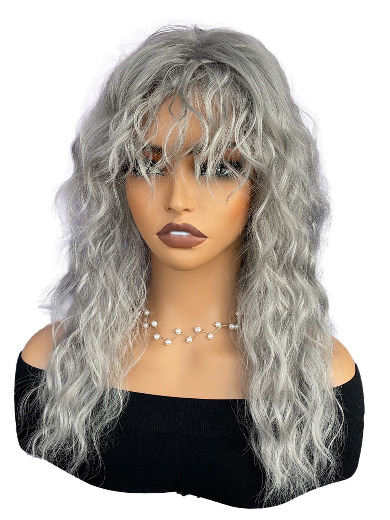 8 Inch Water Wave Wig with Bangs Ladies Gray Wet Hair Waves Synthetic Long Natural Wave Wig Role Play Wig Color Costume Wig