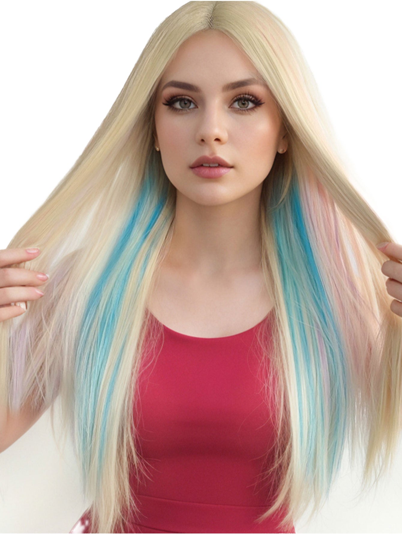 Rainbow Long Straight Wigs, Ladies Fashion Cosplay Costume Hair Anime Full Wavy Party Wig, Easy to Use Fine Workmanship