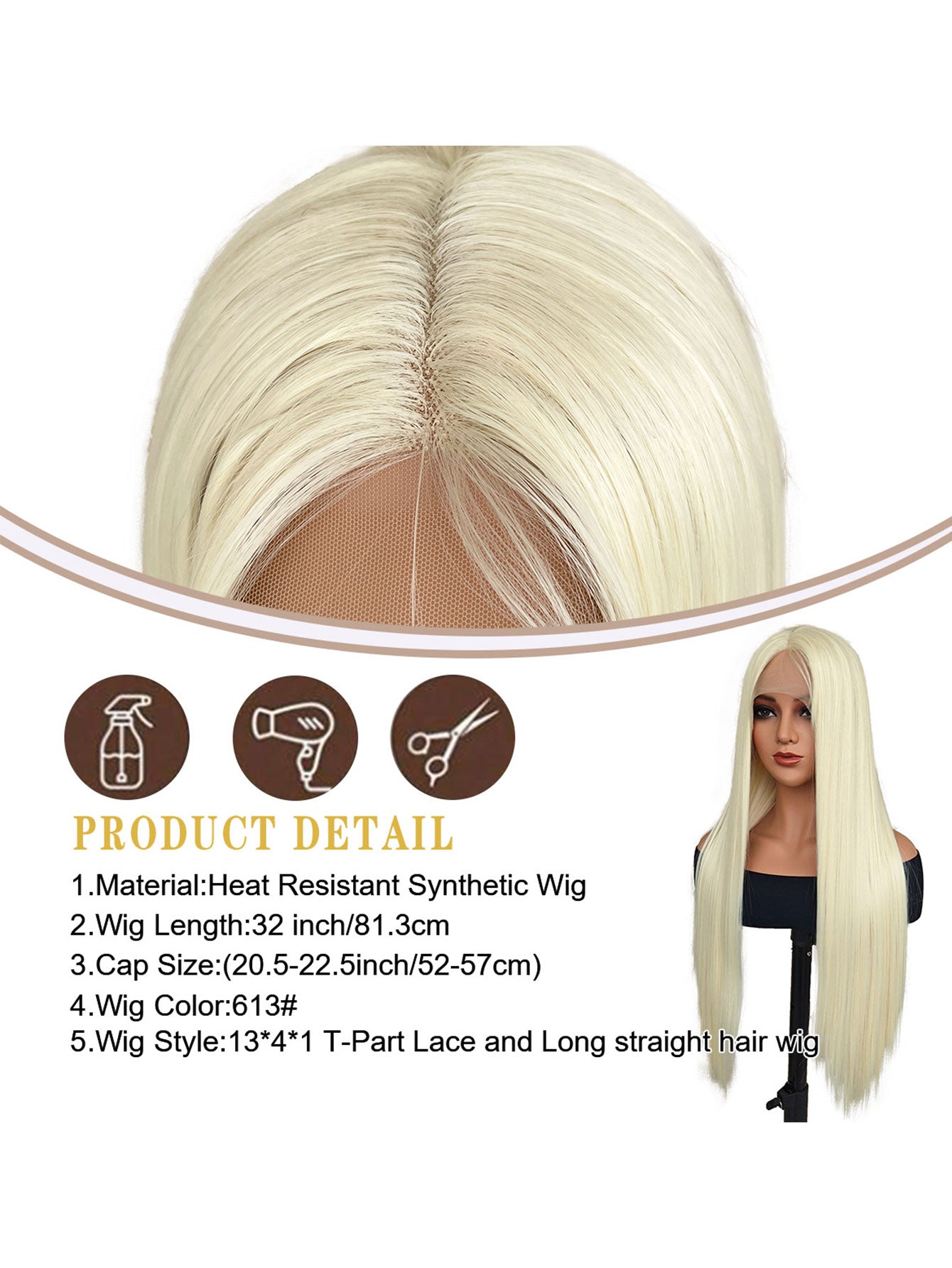 13*4*1T Partial Lace Wig 32-Inch Golden Long Straight Synthetic Wig Suitable For Daily Party And Festival Wear